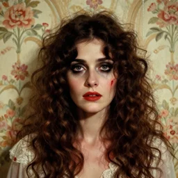 a beautiful but sinister woman in layers of fear, with haunted eyes and curly hair, 1 9 7 0 s, seventies, floral wallpaper, delicate embellishments, a little blood, crimson, painterly, offset printing technique, by jules bastien - lepage