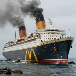 a derelict immense McDonald's brand vacation cruise liner oceanliner ship with large yellow golden arches logo and tall smoke stacks crashed and broken on a deserted island, moored, fast food restaurant color scheme, golden arches, thick black smoke billowing, overcast, dystopian, bad vibes disaster, photorealistic, sharp focus, hyper detailed, octane render