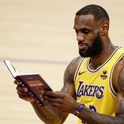 professional close up shot photograph of lebron james reading a book while in an nba game, wearing nba jersey, standing, award - winning photograph, clear image, as seen on getty images, smooth