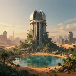 a beautiful photorealistic illustration of architecture building nature unfinished building observatory city industrial architecture urbex abandoned by frank lloyd wright, apocalyptic biopunk jupiter retro desert matte painting junglepunk laser atlantis tokyo at dawn crystal lake, archdaily, wallpaper, highly detailed, trending on artstation.