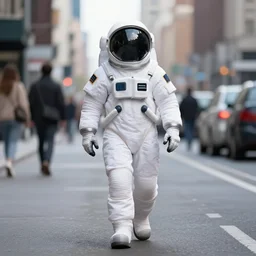 man in spacesuit walking down busy city street
