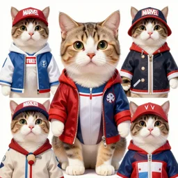 graphic, hyperreal, portraiture illustration of a anthropomorphic beautiful ragdoll cat in different marvel - roll cosplay clothes, trending on artstation