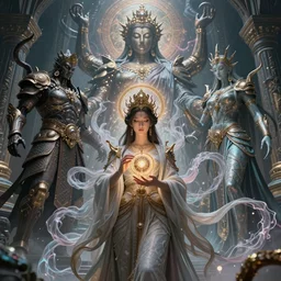 enlightenment female sacred power + mystic object + brutal buddhist warrior + machine god + emperor receiving healer + exasperated detailed face of sublime truth + paladin becoming warlock + dmt deity + entombment of the machine + spiritual soul awakening + ancient architecture + elemental power + detailed ornaments + flowing delicate beautiful tentacles spewing forth +