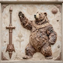 mural of a bear beast-man, sci fi weapon, royal ornaments,  reaching towards the heavens, sci fi world, holy imagery, highly detailed, beautiful colors, renaissance mural, mural in the style of sandro boticceli, sandro boticceli