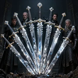 a fancy portrait of a set of crystal blades by greg rutkowski, sung choi, mitchell mohrhauser, maciej kuciara, johnson ting, maxim verehin, peter konig, bloodborne, 8 k photorealistic, cinematic lighting, hd, high details, dramatic, dark atmosphere, trending on artstation