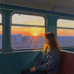 lone girl waiting inside a 70s train in a half remembered dream, stanley kubrick the shinning, vibrant colors americana, cinematic, volumetric lighting, god rays, sunset, realistic, detailed, painting in the style of Edward Hopper