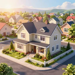 a beautiful hyperrealistic detailed 3D render of a house in the suburbs, sunlit, dawn, by Greg Hildebrandt, unreal engine, octane render, gigantic, 3D, brilliantly coloured, intricate, ultra wide angle, trending on artstation, crepuscular rays, dust, volumetric lighting, HDR, polished, micro details, ray tracing, 8k
