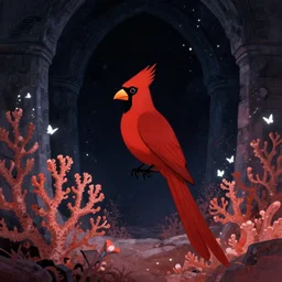 by gustave van de woestijne, by david aja haunting cardinal, coral. a beautiful illustration. there is a starry darkness beyond the walls. and small white butterflies everywhere.