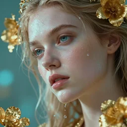 hyperrealistic precisionist cinematic very expressive! angelawhite goddess, water mirror dripping droplet!, gold flowers, highly detailed face, digital art masterpiece, smooth eric zener cam de leon, dramatic pearlescent turquoise light on one side, low angle uhd 8 k, shallow depth of field