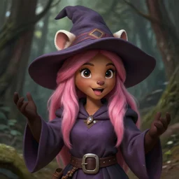 picture of cute female wizard in the forest, ferret inspired robes and hat, pink hair, brown skin, energetic, high fantasy, highly detailed, detailed faces, smooth, sharp focus, chiaroscuro, digital painting, concept art, rossdraws and moebius and jon mcnaughton