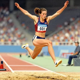 an olympic athlete, female long-jumper, winning a gold medal, by Ted Nasmith