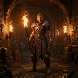 delicious torch lit prison dungeon jail cell atmospheric unreal engine hyperreallistic render 8k character concept art masterpiece screenshot from the video game the Elder Scrolls V: Skyrim orange flame global illumination