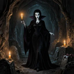 carmilla vampire, gothic horror, by brian froud, candlelit catacombs