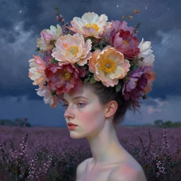 closeup, huge flowers as head mohawk, woman in heather field, surreal photography, starlight, storm clouds, impressionist painting, digital painting, artstation, simon stalenhag