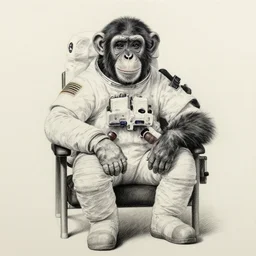 pencil art, realistic self portrait, astronaut with a chimpanzee posing on a chair.