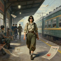 revolutionary years, chinese civil war, north korean female spy, train station, street scene, flying flyers, spy with sunglasses walking towards the camera, jodhpurs greg manchess painting by sargent and leyendecker, cyberpunk 2 0 7 7 concept intricate elegant illustration forza, by greg rutkowski by greg tocchini by james gilleard