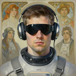 future coder looking on, cyclops visor over eyes and sleek electric headphones, space station uniform neon accents, desaturated headshot portrait painting by dean cornwall, ilya repin, rhads, tom whalen, alex grey, alphonse mucha, donoto giancola, astronaut cyberpunk electric fashion photography