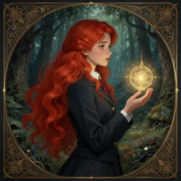 side portrait cute girl, adventurer magic school academia uniform, fantasy forest landscape, dnd fantasy magic, long wavy hairstyle, red hair, dark light night, intricate, elegant, sharp focus, illustration, highly detailed, digital painting, concept art, matte, art by wlop and artgerm and greg rutkowski and alphonse mucha, masterpiece
