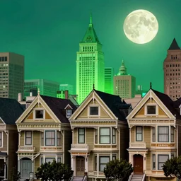 city skyline of towering victorian mausoleums, digital illustration, hyper realistic, full moon, cinematic lighting, vivid colors, green glow, artstation, highly detailed
