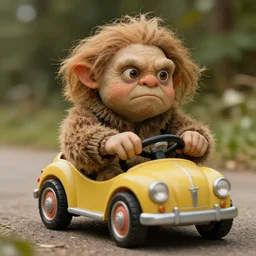 a big fat angry human looking like gollum, driving in a little toy car