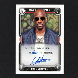 trading card featuring dave chappelle in sunglasses with symmetrical attributes, dave chappelle trading card - h 6 4 0