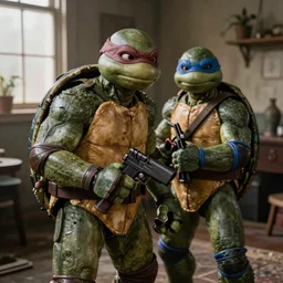 photo zombi ninja turtles, hyper realistic, natural light, concept art, by greg rutkowski, cozy atmospheric and cinematic lighting