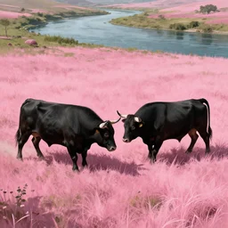 epic scene, concept art by Maciej Kuciara, highly detailed, two black bull fight on pink a clearing with grass and a river