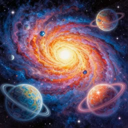 a beautiful vibrant to intergalactic skies and alien planets, spiritual science, divinity, utopian, by david a. hardy, hana yata, kinkade, lisa frank,