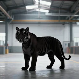 a silhouette of a great tiger standing majestic in a large industrial room with massive windows, golden light, smoke, backlit, realistic photo, artstation