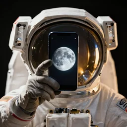 extremely detailed studio portrait of space astronaut, holds a smart phone in one hand, phone!! held up to visor, reflection of phone in visor, moon, extreme close shot, soft light, golden glow, award winning photo by eolo perfido