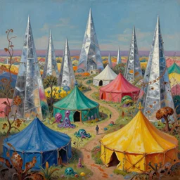 colored merchant tents surrounded by chrome pyramids, rusted plants and vines, matte oil painting, retrofuturistic, science fantasy, mutant, lgbt, queer, rpg, epic, badlands, slime, sentient, dungeons & dragons, sacred, sharp focus, award - winning, extremely detailed, 4 k, 8 k