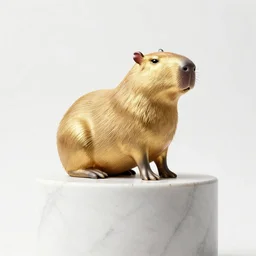 golden capybara trophy award on a marble pillar, white background, soft lighting