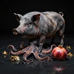 burnt sculpture of a pig - octopus and a pomegranate, photorealistic, black background, dead wilted flowers, flood waters, by bob eggleton, trending on artstation