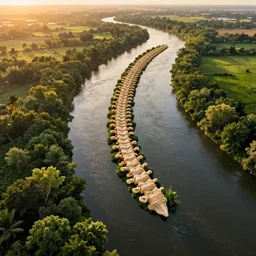 wide!!! landscape photo of river that follows the distinct shape of a human spinal column!!!, drone photo, golden hour, lush green vegetation, medium format