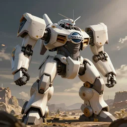 a concept art of a nissan combat mech, with a big nissan logo in the body, artstation