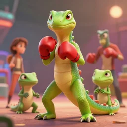 boxing anthropomorphic lizards. len blur background bokeh. art by ismail inceoglu, filip hodas, and pixar.