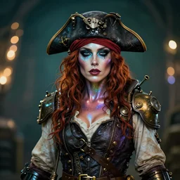 pirate woman with iridescent skin, wearing steampunk astronaut clothes, bokeh, 8 k