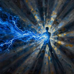 a blue energy stream flowing left to right. it flows through a figure in the center. | painting by craig mullins