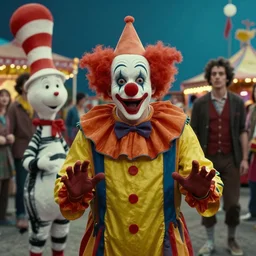 the clown monster at the fair, they scare me, film still from the movie directed by denis villeneuve and david cronenberg with art direction by salvador dali and dr. seuss