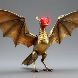 golgari findbroker, a metal bird shaped like a bat with a glowing red heart for a head!, a leathery golden body that folds into itself at the joints and wings spread wide as if it is taking off