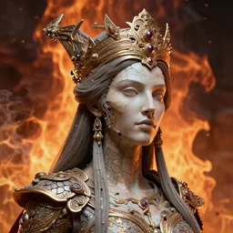 art by michael whelan, artgerm, greg rutkowski and luis royo, artsy lady empress head and torso, being built piece by piece, photorealistic, highly detailed, hellfire background, artstation, hyper detailed, sharp focus, intricate details, 4 k, unreal engine, smoke in the background