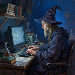 fantasy oil painting, side view of wizard sitting at his computer, typing on a keyboard, in a cluttered science lab, wrinkled wizard hat, books, crt, hardware, alchemy, extremely detailed, readability, smooth, sharp focus, blue nighttime, as a book cover illustration