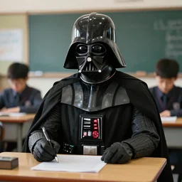 Darth Vader studying at school, photo realistic, award-winning, highly-detailed