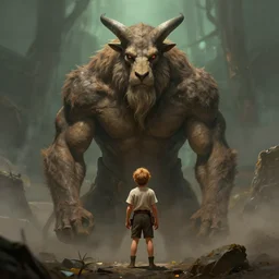 Little David before the giant Goliath , Greg rutkowski, Trending artstation, cinematográfica, digital Art