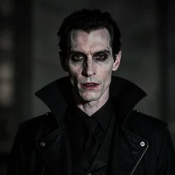 night portrait of a forty two year old british dead man vampire with slim features pale skin feeling confidant f / 1. 4