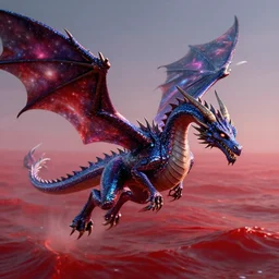 dragon with shiny glittery skin, galaxy on the wings, flying over a red sea, advanced digital art, ultra detailed, 8k