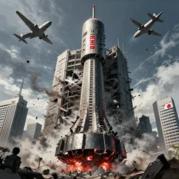 chinese atomic bomb destroys japan, 2 planes crashing high building, japanese surrender, trending to artstation