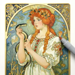 an art nouveau copic maker illustration of a russian young girl holding a snake by kilian eng, monet and norman rockwell