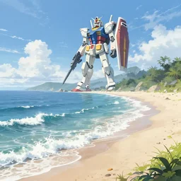 A very beautiful serene coast landscape scene with a GIANT MECHA GUNDAM looming in the distance, bright sunny waves splashing on the beach, rendered by simon stålenhag, rendered by Beeple, Makoto Shinkai, syd meade, environment concept, digital art, Gundam style, starwars, unreal engine, 3 point perspective, WLOP, trending on artstation, low level, 4K UHD image, octane render,