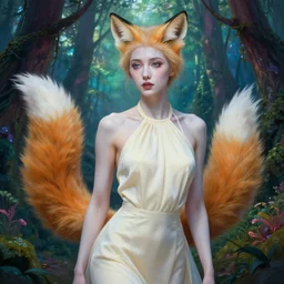 portrait, elgeant woman with fox tails, ivory pale skin, halter neck, lost, in a magical forest, vibrant, hyperrealism, hyperrealism, fantasy, by krenz cushart and charlie bowater, wlop, artgerm
